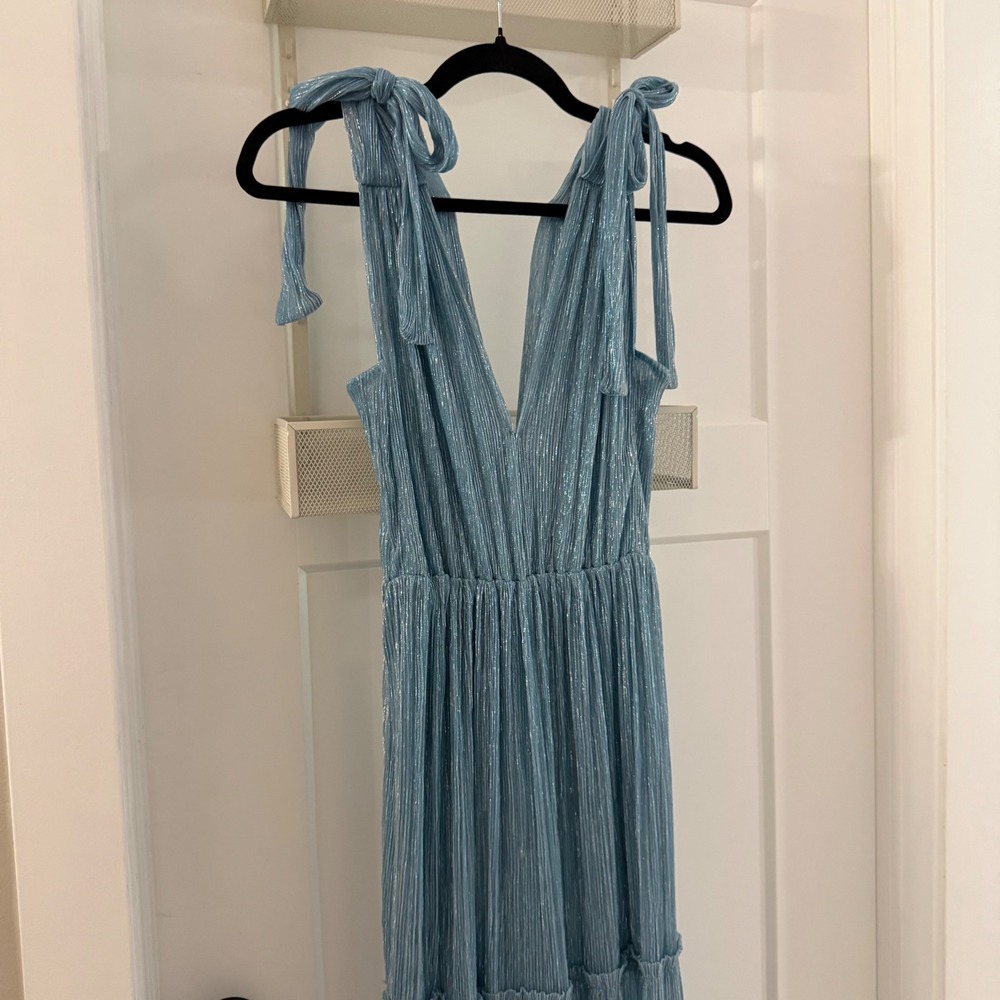 Sabina Musayev Helena Dress Light Blue Metallic Maxi Gown XS Tie Shoulder - Picture 2 of 6